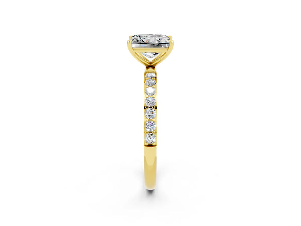 Yellow gold Princess Cut Moissanite Solitaire Ring with Round Pavé Shoulders and Prong Setting