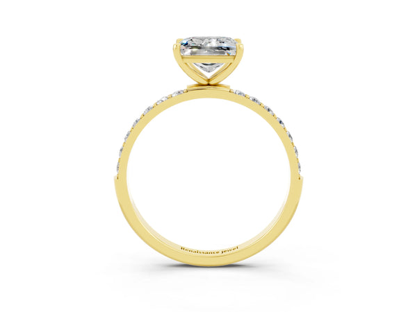 Yellow gold Princess Cut Moissanite Solitaire Ring with Round Pavé Shoulders and Prong Setting