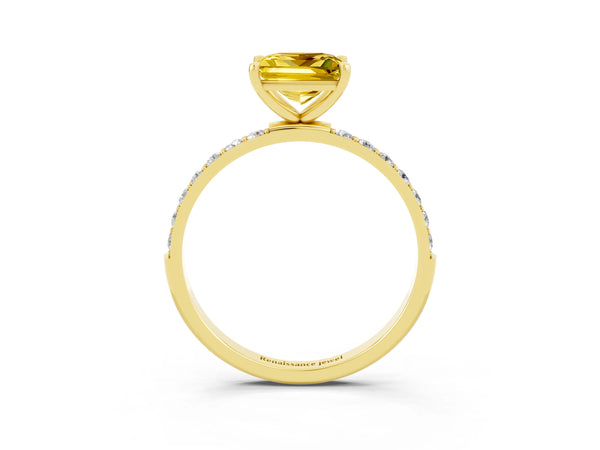 Yellow gold Princess Cut Yellow Sapphire Solitaire Ring with Round Pavé Shoulders and Prong Setting