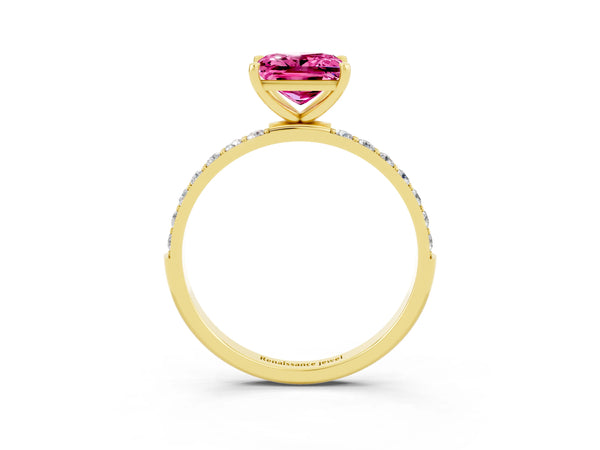 Yellow Gold Princess Cut Lab-Grown Pink Sapphire Solitaire Engagement Ring with Pave Shoulders