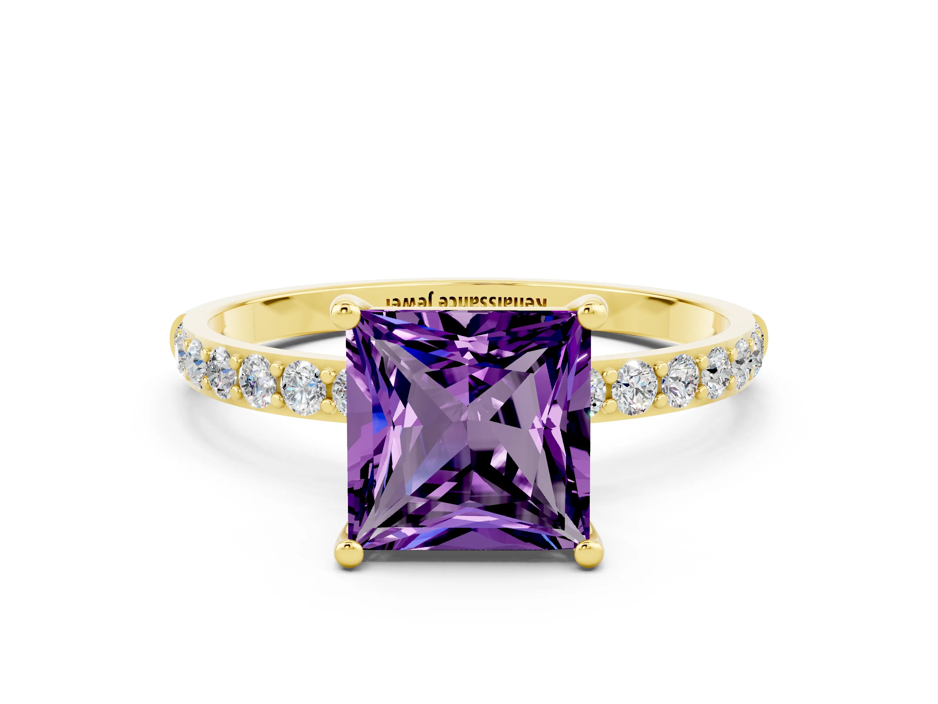 Yellow gold Princess Cut Diamond Pavé Band with Six-Prong Setting