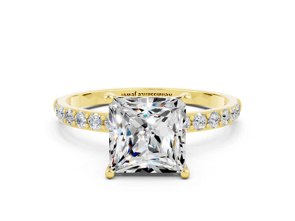 Yellow gold Princess Cut Moissanite Solitaire Ring with Round Pavé Shoulders and Prong Setting