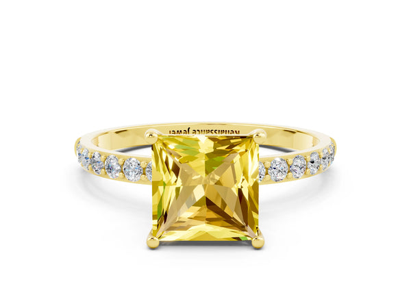 Yellow gold Princess Cut Yellow Sapphire Solitaire Ring with Round Pavé Shoulders and Prong Setting