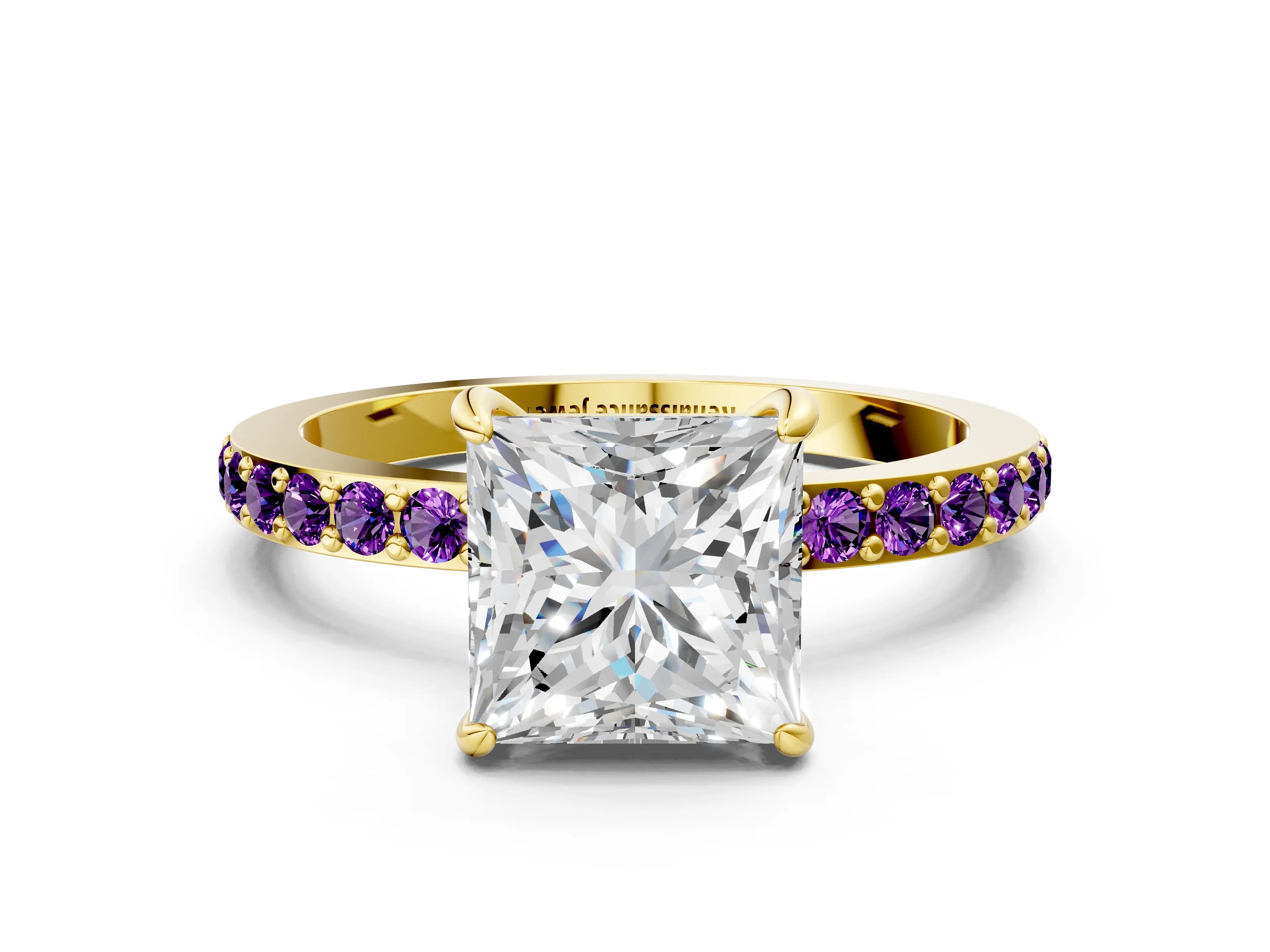 Yellow gold Princess Cut Diamond Pavé Engagement Ring with Round with Amethyst side stone Accents and Prong Setting
