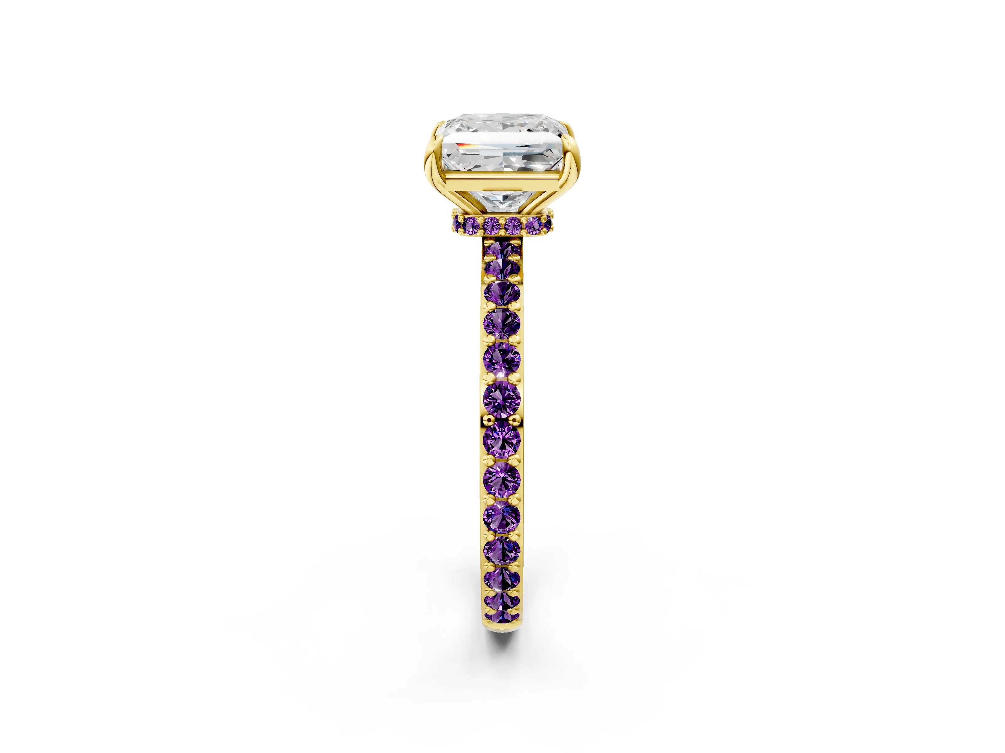 Yellow gold Princess Cut Diamond Pavé Engagement Ring with Round with Amethyst side stone Accents and Prong Setting_2
