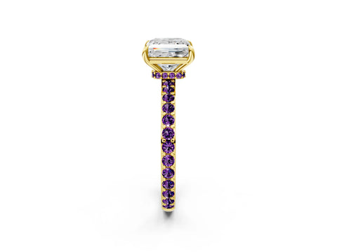 Yellow gold Princess Cut Diamond Pavé Engagement Ring with Round with Amethyst side stone Accents and Prong Setting_2
