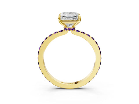 Yellow gold Princess Cut Diamond Pavé Engagement Ring with Round with Amethyst side stone Accents and Prong Setting_3