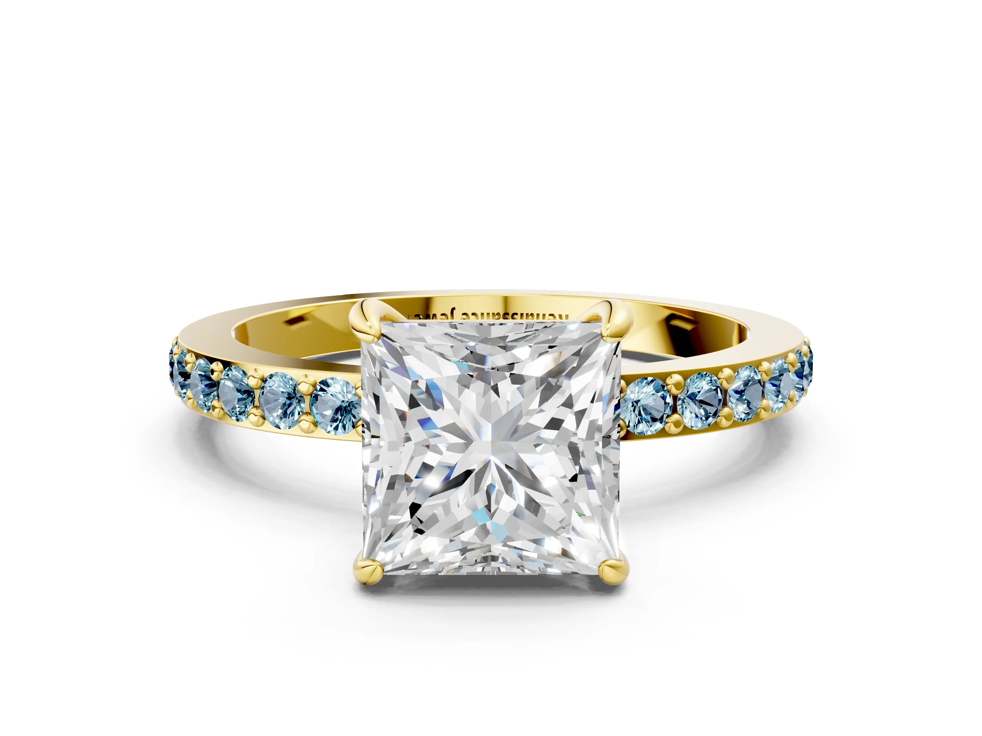 Yellow gold Princess Cut Diamond Pavé Engagement Ring with Round with Aquamarine side stone Accents and Prong Setting
