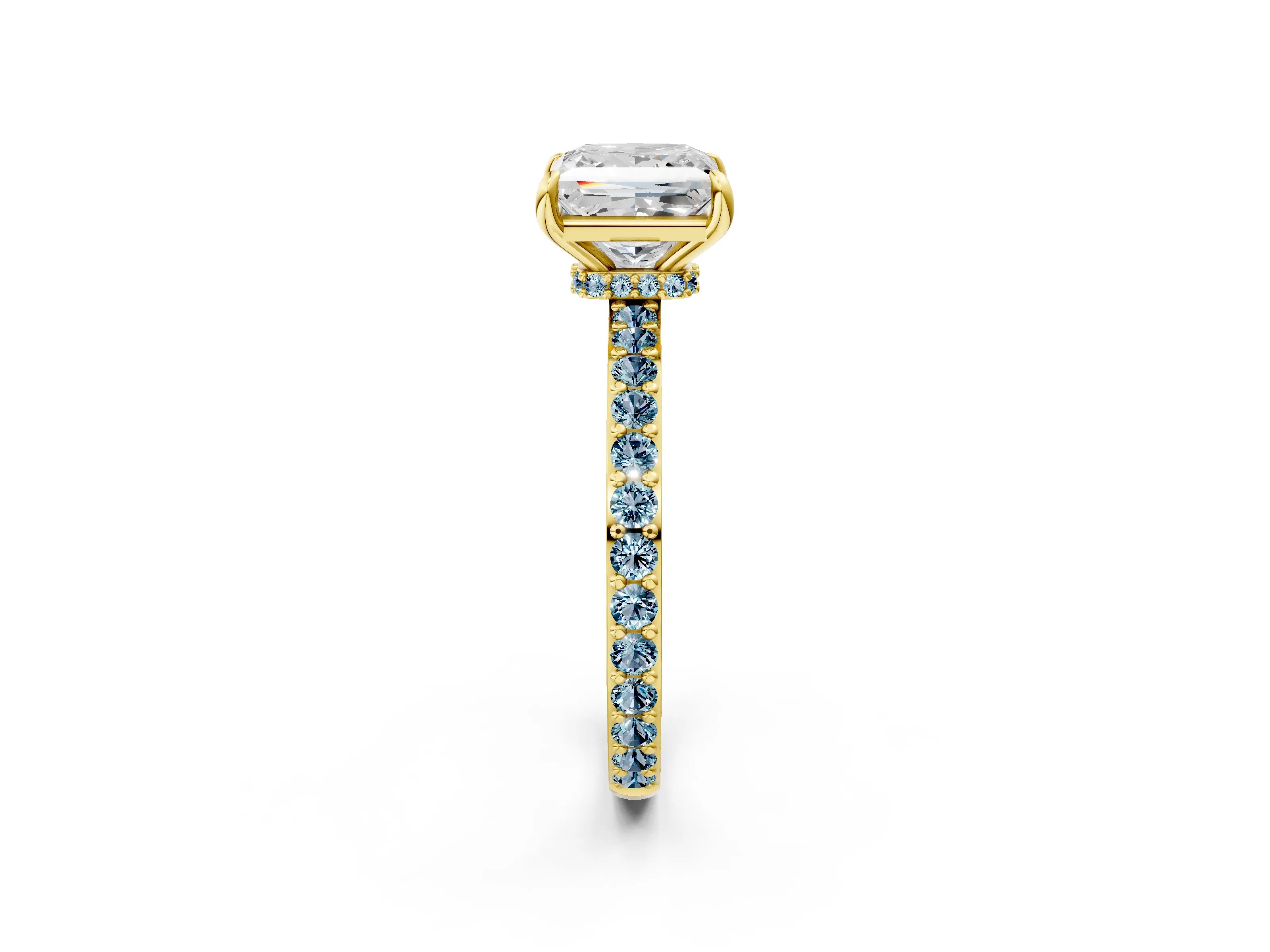 Yellow gold Princess Cut Diamond Pavé Engagement Ring with Round with Aquamarine side stone Accents and Prong Setting_2