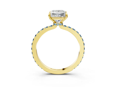 Yellow gold Princess Cut Diamond Pavé Engagement Ring with Round with Aquamarine side stone Accents and Prong Setting_3