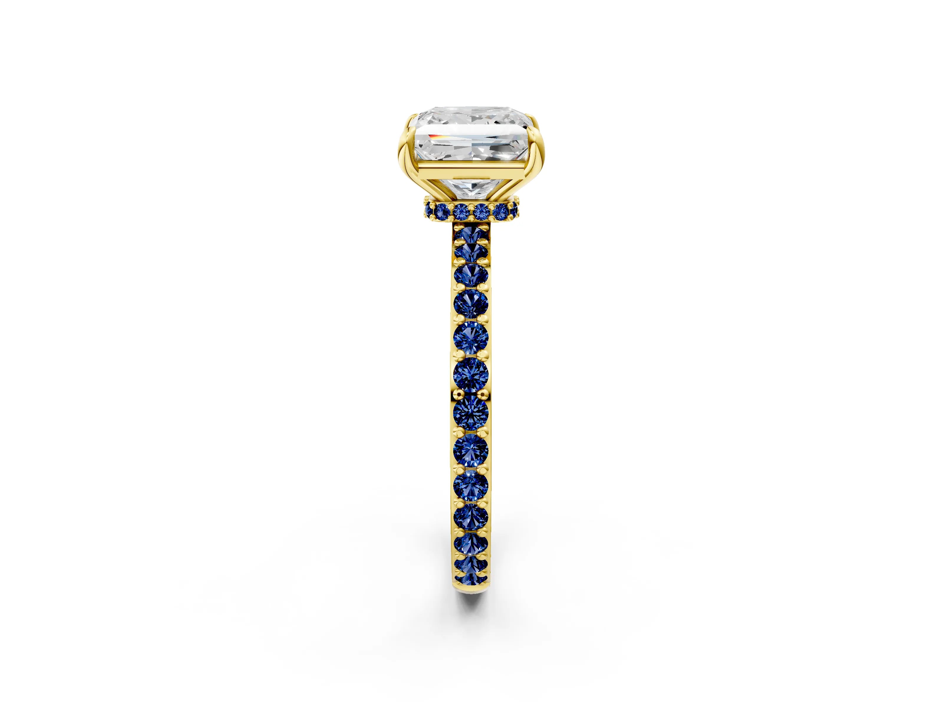 Yellow gold Princess Cut Diamond Pavé Engagement Ring with Round with Blue Sapphire side stone Accents and Prong Setting_2