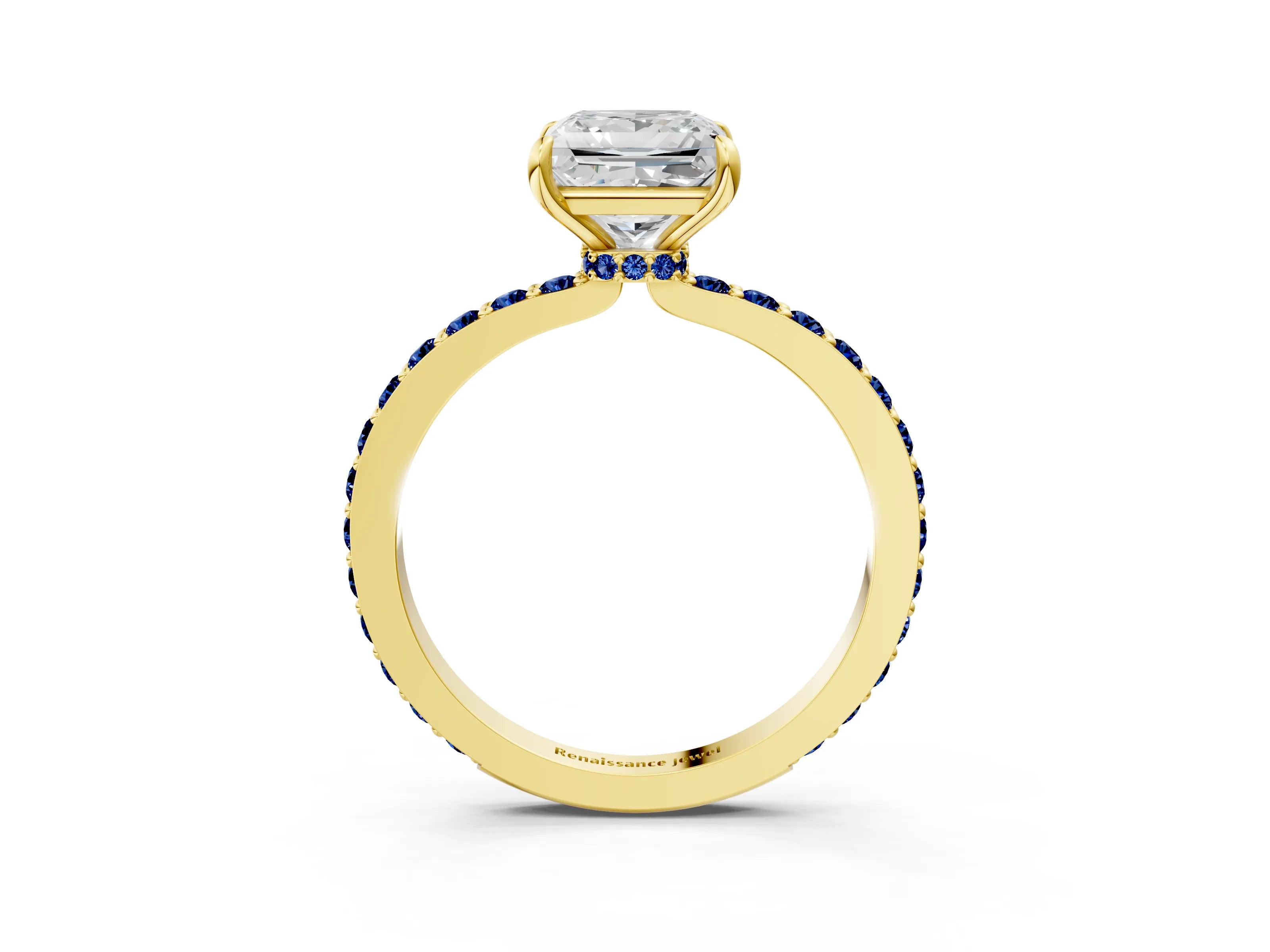 Yellow gold Princess Cut Diamond Pavé Engagement Ring with Round with Blue Sapphire side stone Accents and Prong Setting_3