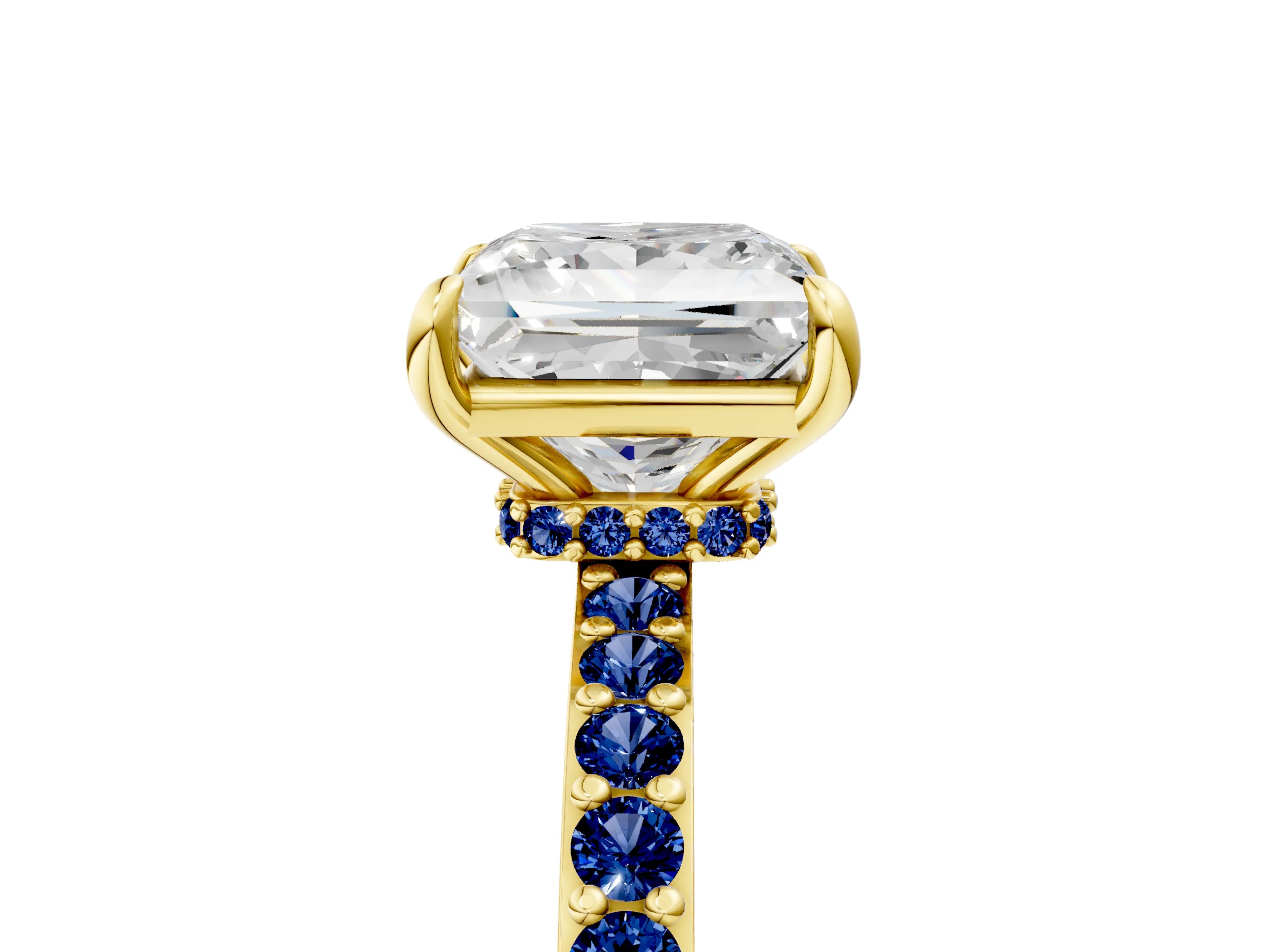 Yellow gold Princess Cut Diamond Pavé Engagement Ring with Round with Blue Sapphire side stone Accents and Prong Setting_5