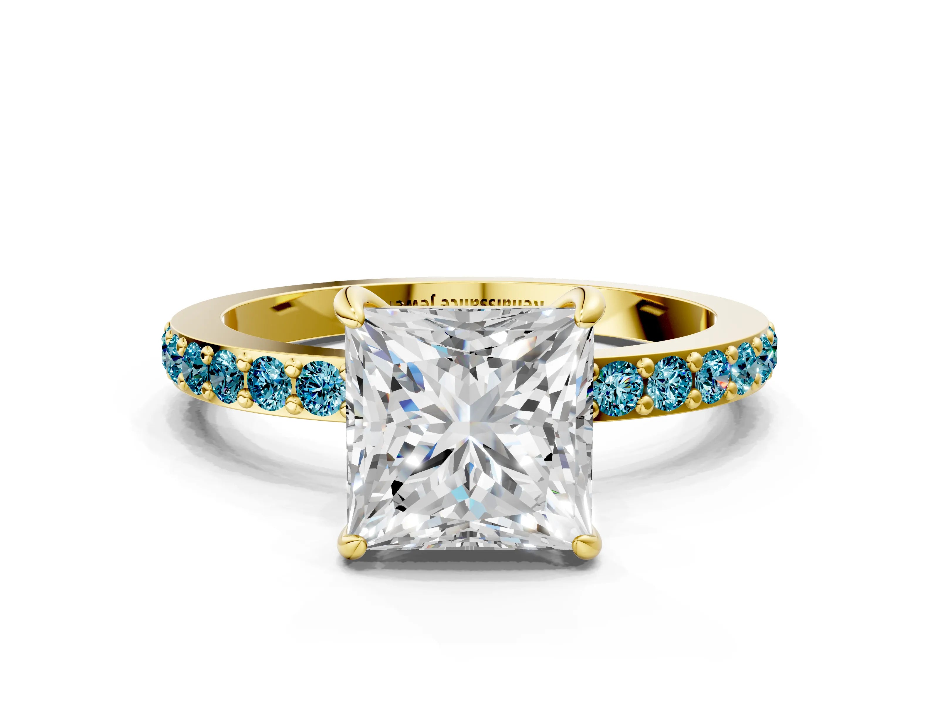 Yellow gold Princess Cut Diamond Pavé Engagement Ring with Round with Blue Topaz side stone Accents and Prong Setting