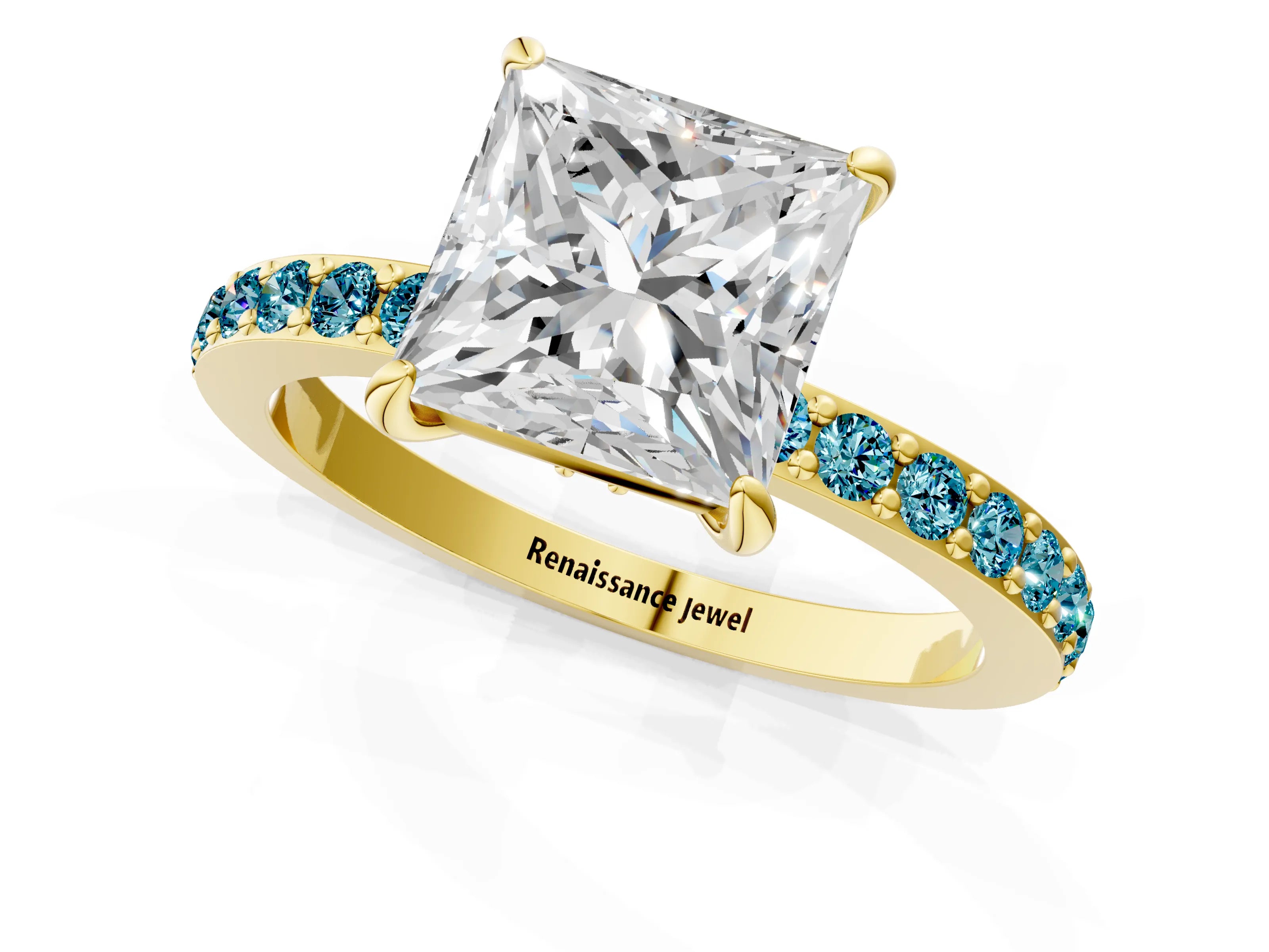 Yellow gold Princess Cut Diamond Pavé Engagement Ring with Round with Blue Topaz side stone Accents and Prong Setting_1