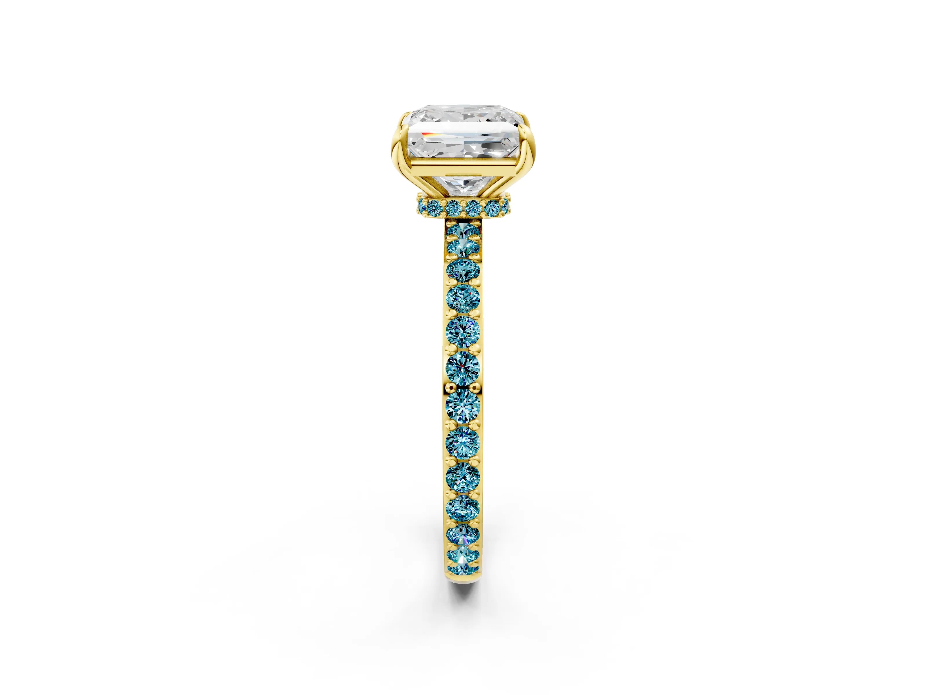 Yellow gold Princess Cut Diamond Pavé Engagement Ring with Round with Blue Topaz side stone Accents and Prong Setting_2