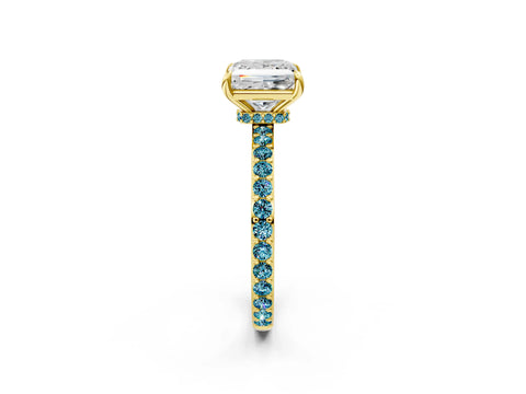 Yellow gold Princess Cut Diamond Pavé Engagement Ring with Round with Blue Topaz side stone Accents and Prong Setting_2