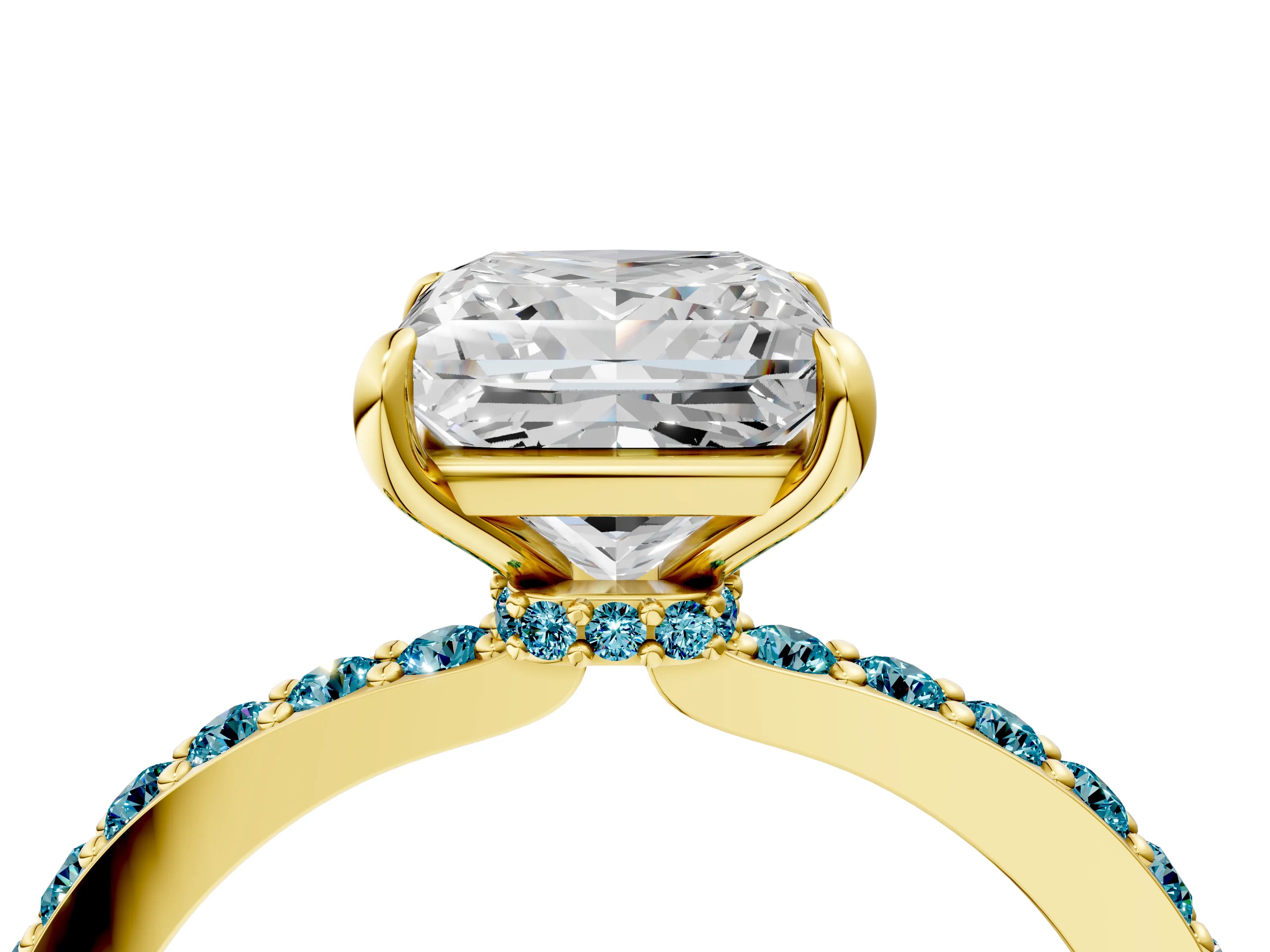 Yellow gold Princess Cut Diamond Pavé Engagement Ring with Round with Blue Topaz side stone Accents and Prong Setting_4