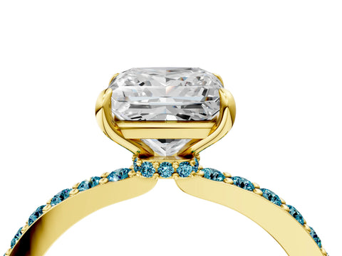 Yellow gold Princess Cut Diamond Pavé Engagement Ring with Round with Blue Topaz side stone Accents and Prong Setting_4