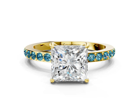 Yellow gold Princess Cut Diamond Pavé Engagement Ring with Round with Blue Topaz side stone Accents and Prong Setting