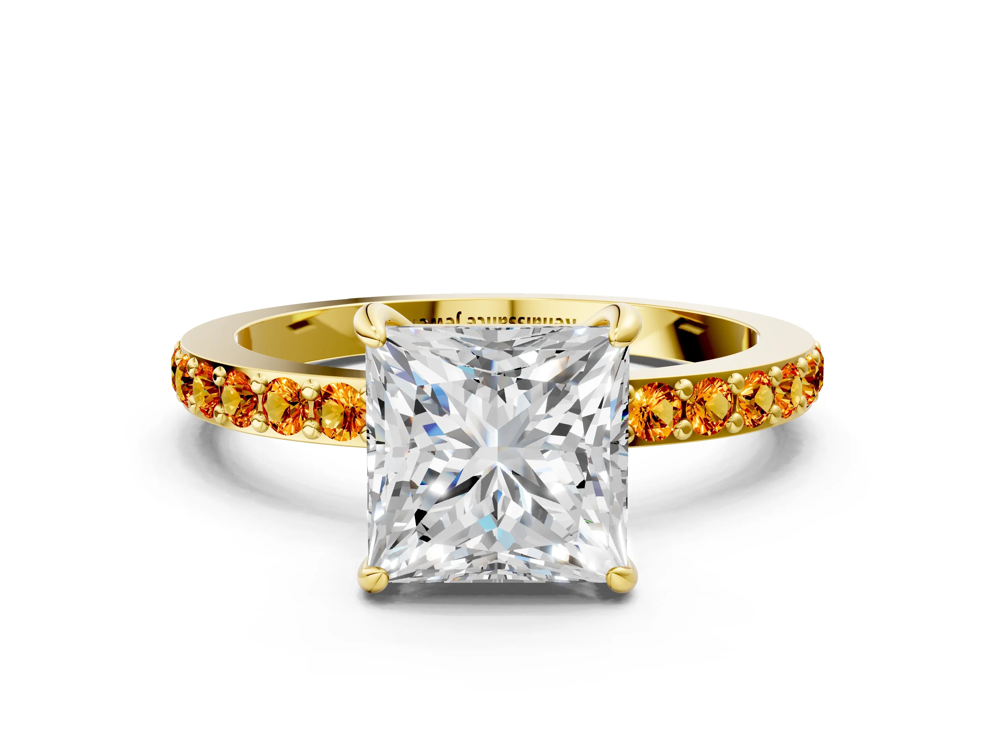 Yellow gold Princess Cut Diamond Pavé Engagement Ring with Round with Citrine side stone Accents and Prong Setting