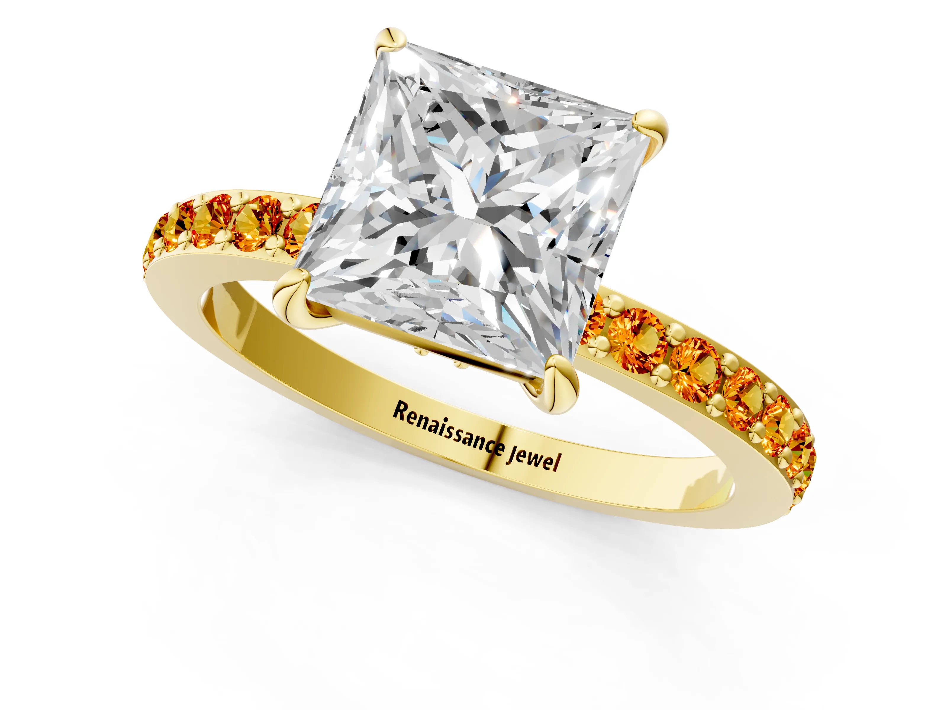 Yellow gold Princess Cut Diamond Pavé Engagement Ring with Round with Citrine side stone Accents and Prong Setting_1