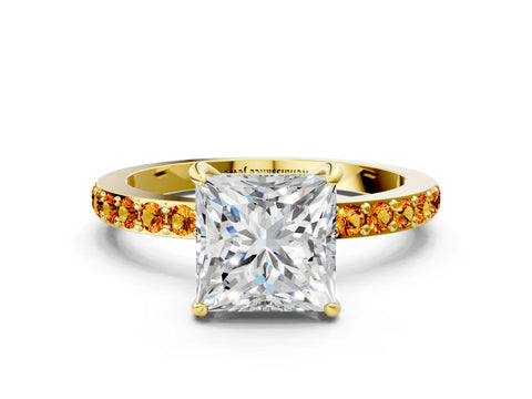 Yellow gold Princess Cut Diamond Pavé Engagement Ring with Round with Citrine side stone Accents and Prong Setting