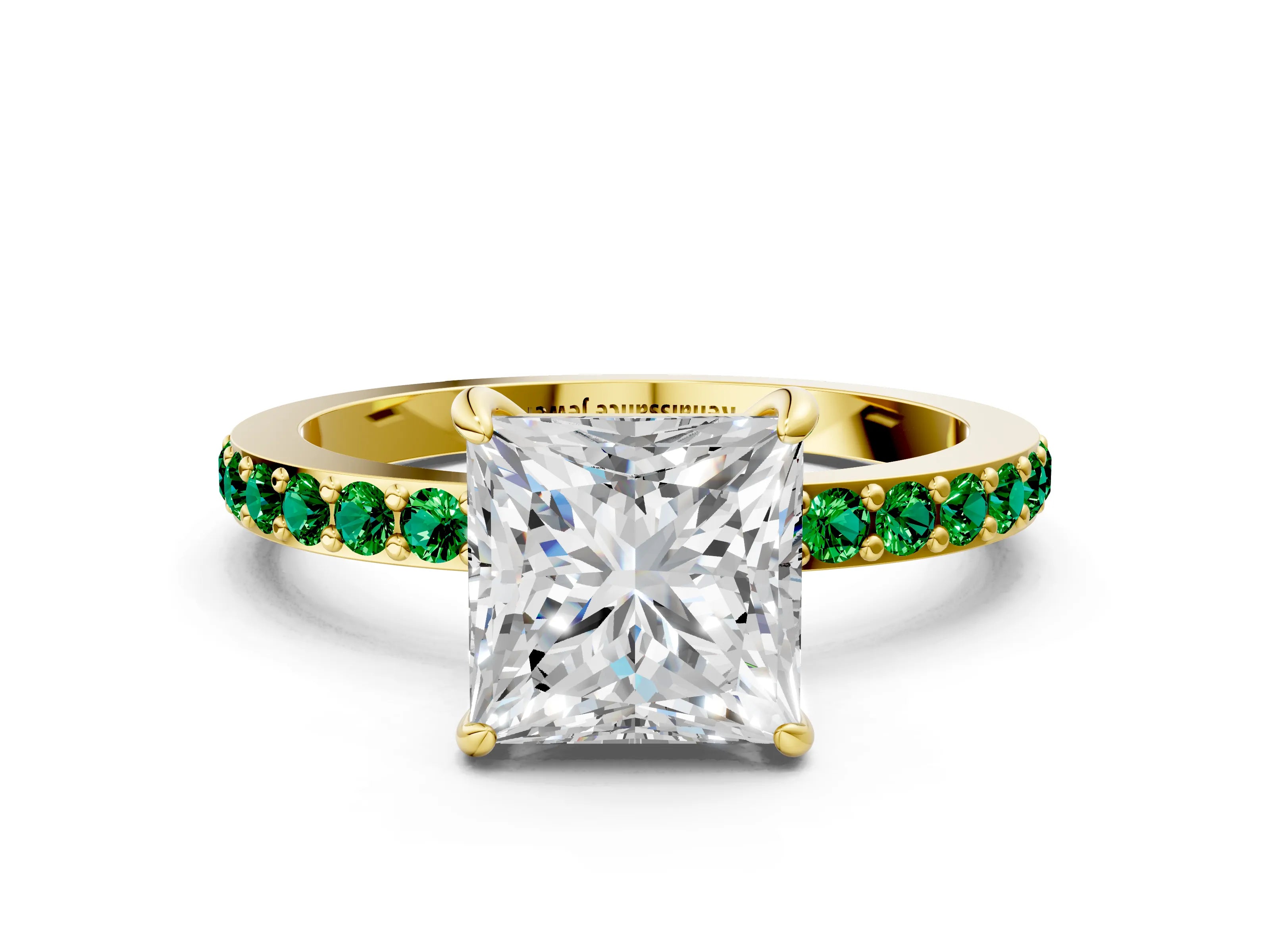 Yellow gold Princess Cut Diamond Pavé Engagement Ring with Round with Emerald side stone Accents and Prong Setting