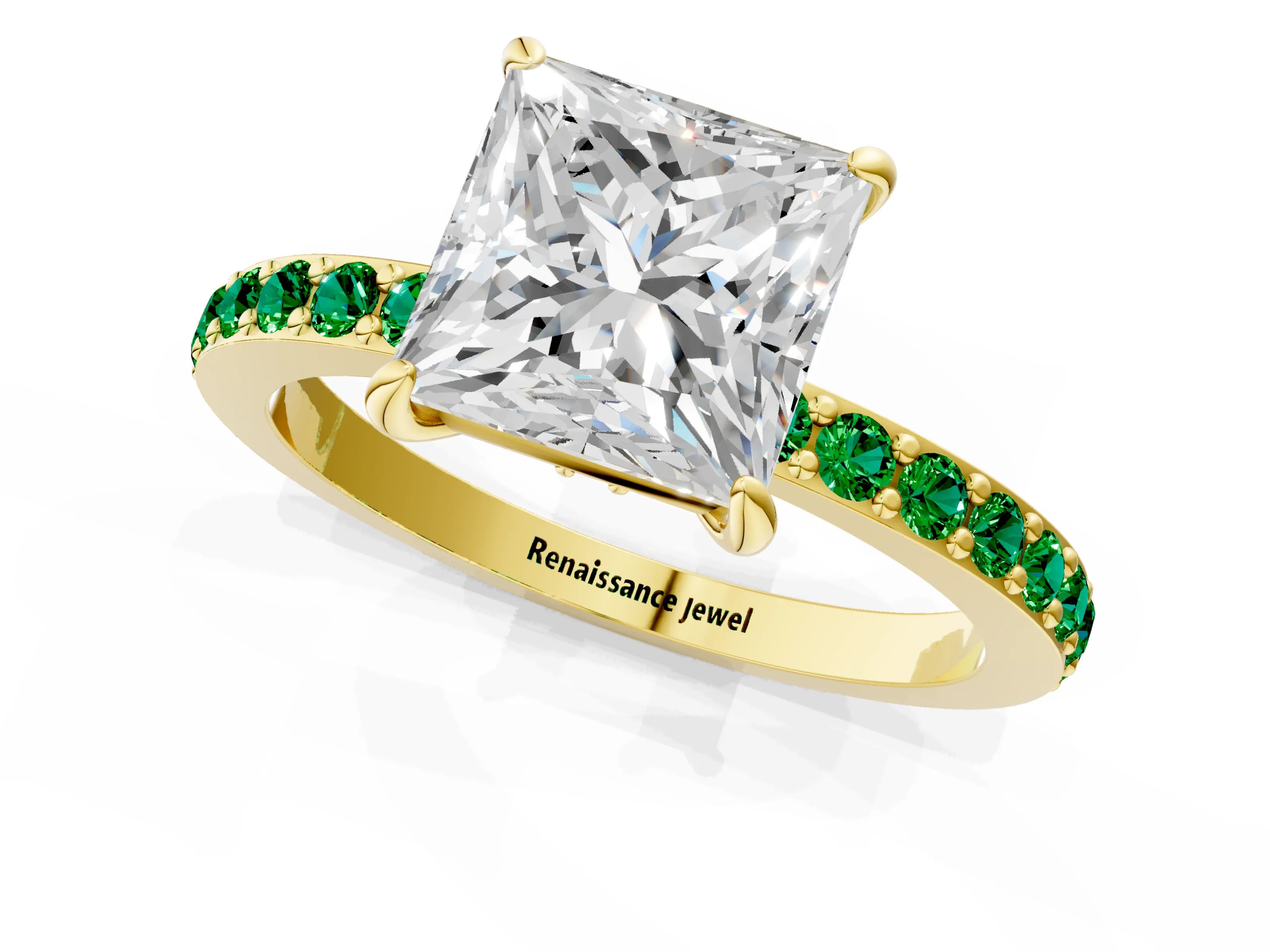 Yellow gold Princess Cut Diamond Pavé Engagement Ring with Round with Emerald side stone Accents and Prong Setting_1