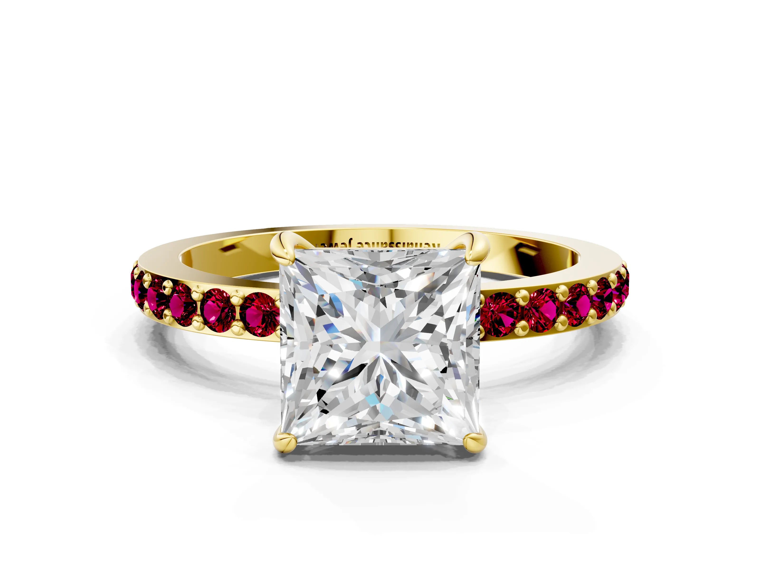 Yellow gold Princess Cut Diamond Pavé Engagement Ring with Round with Garnet side stone Accents and Prong Setting