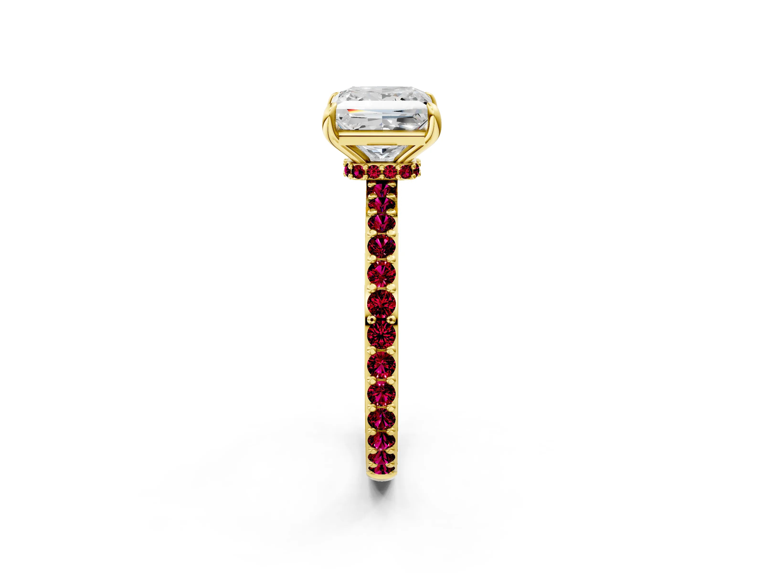 Yellow gold Princess Cut Diamond Pavé Engagement Ring with Round with Garnet side stone Accents and Prong Setting_2