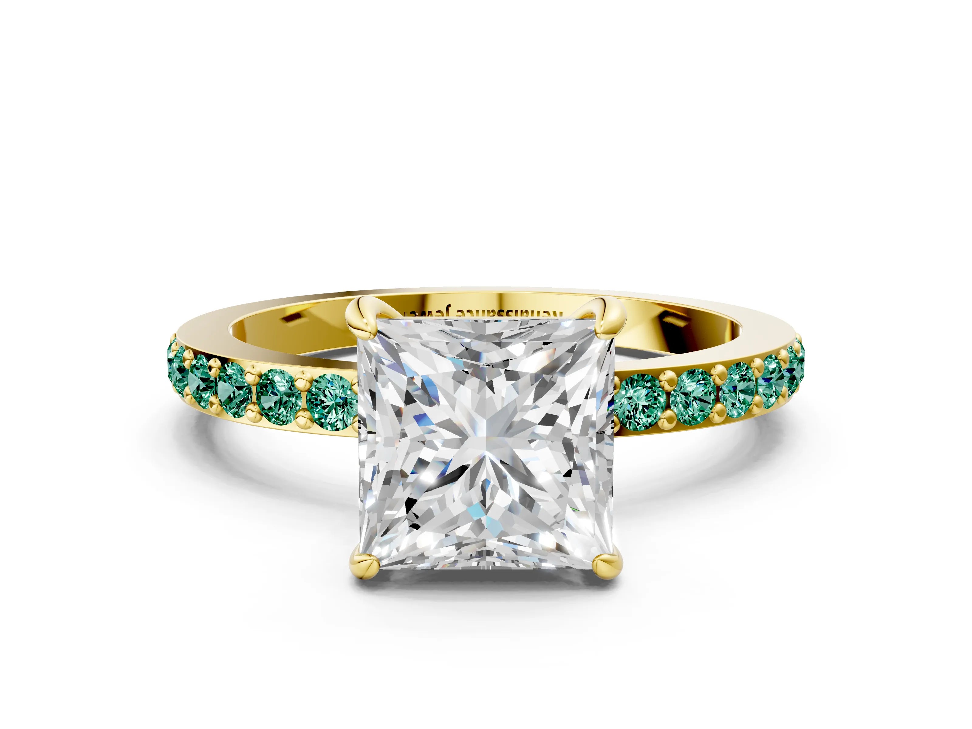 Yellow gold Princess Cut Diamond Pavé Engagement Ring with Round with Green Sapphire side stone Accents and Prong Setting