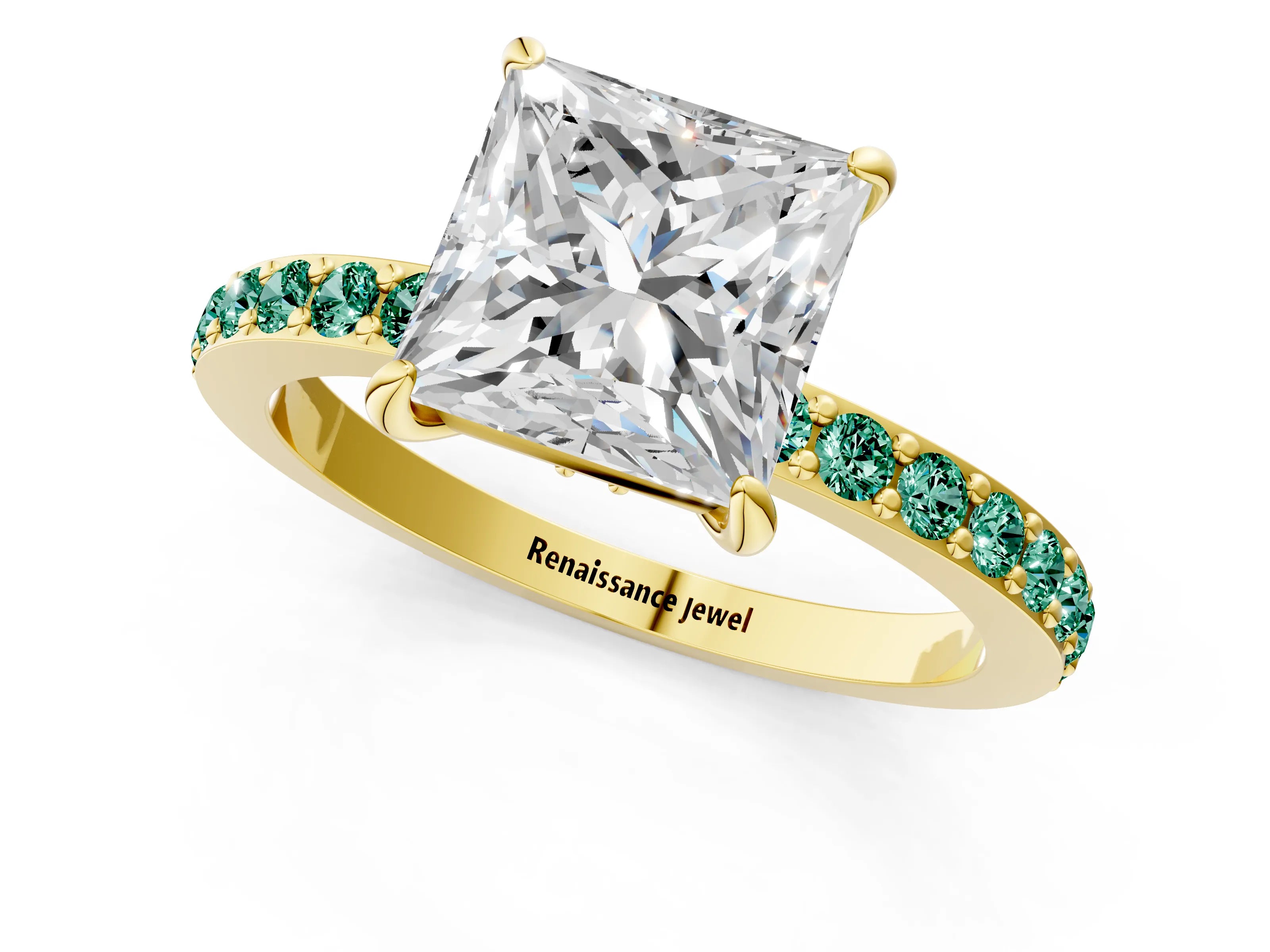 Yellow gold Princess Cut Diamond Pavé Engagement Ring with Round with Green Sapphire side stone Accents and Prong Setting_1