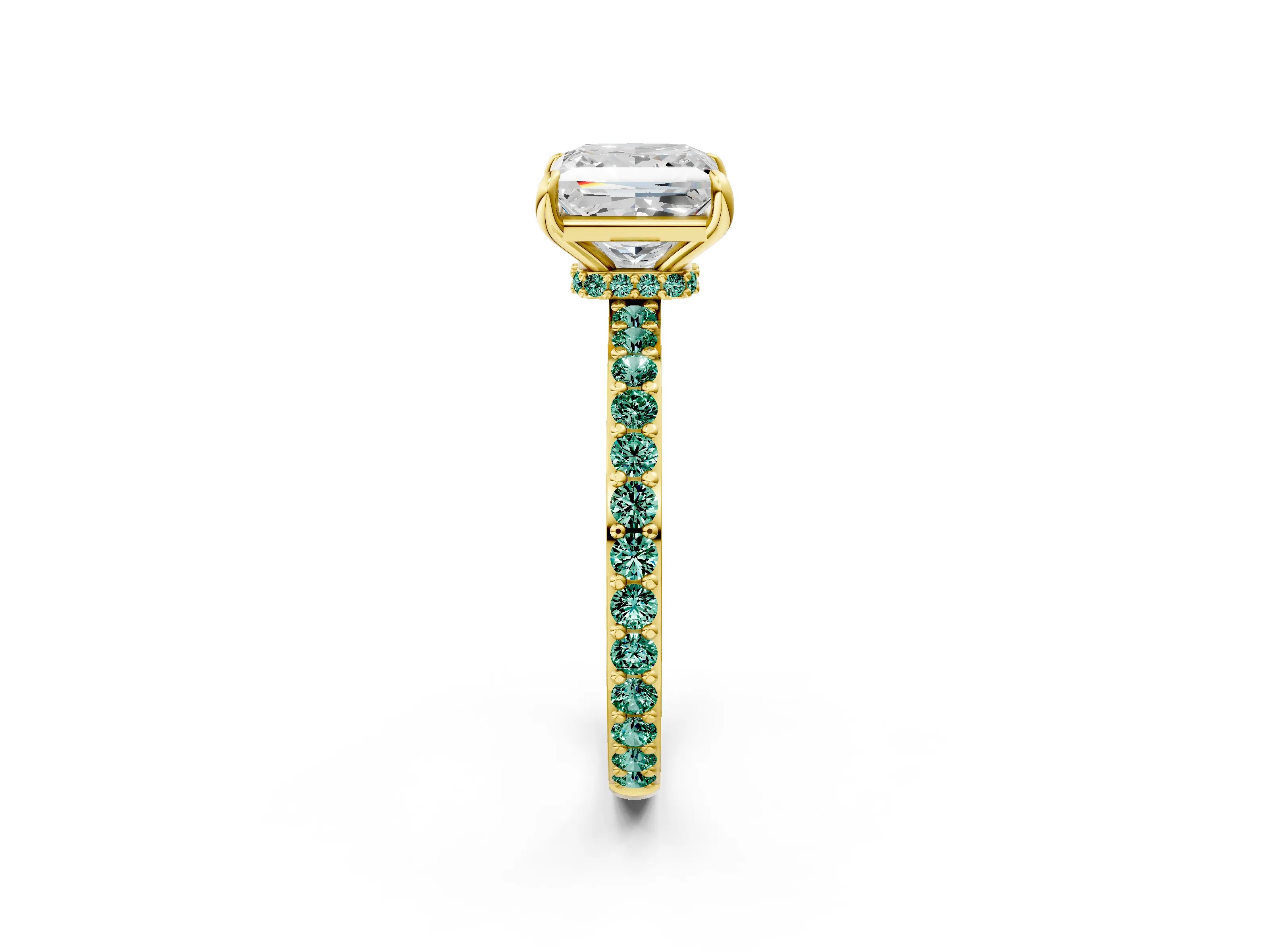 Yellow gold Princess Cut Diamond Pavé Engagement Ring with Round with Green Sapphire side stone Accents and Prong Setting_2