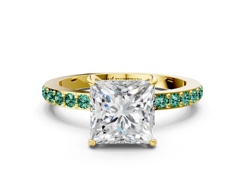 Yellow gold Princess Cut Diamond Pavé Engagement Ring with Round with Green Sapphire side stone Accents and Prong Setting