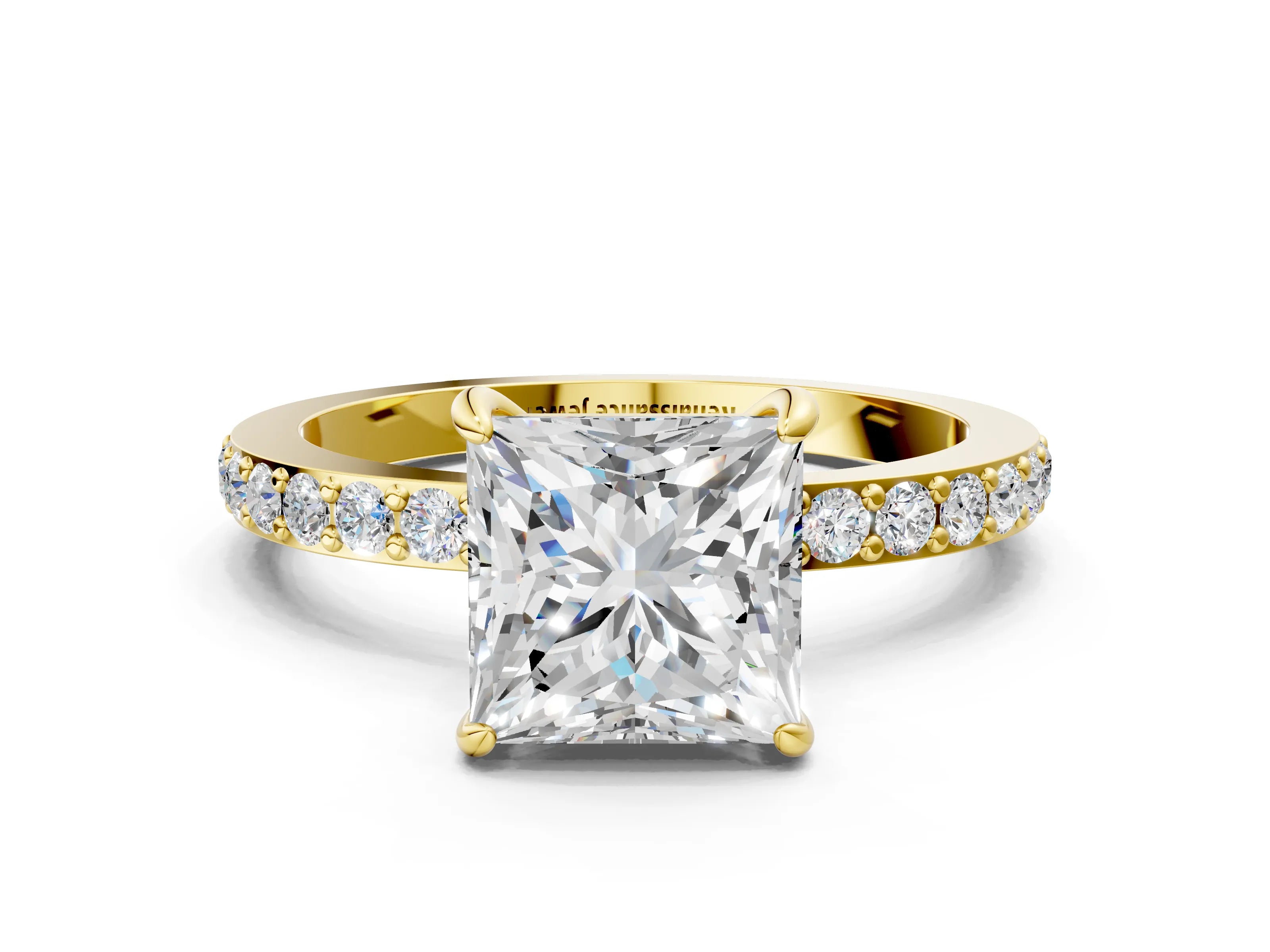 Yellow gold Princess Cut Diamond Pavé Engagement Ring with Round with Moissanite side stone Accents and Prong Setting