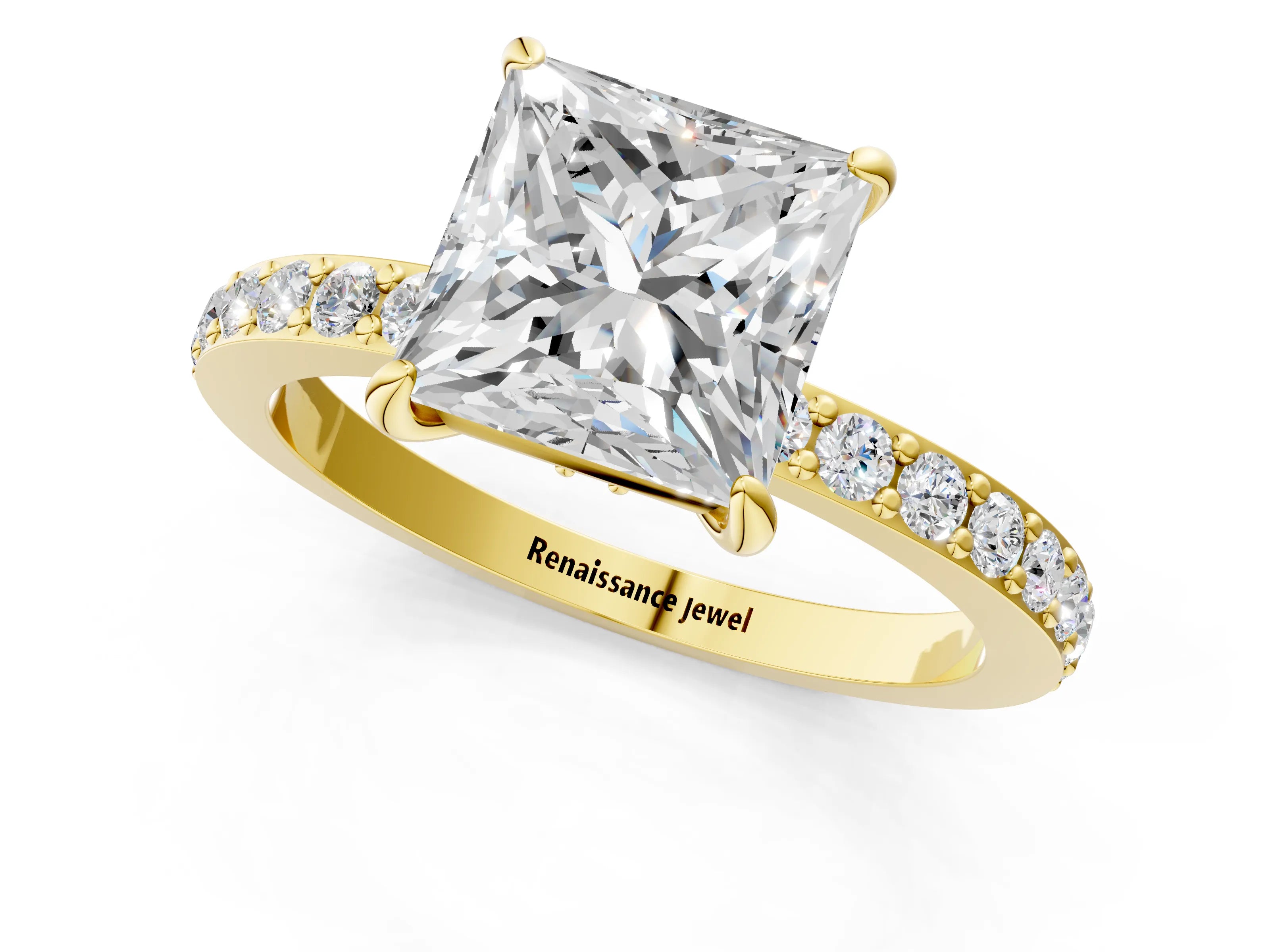 Yellow gold Princess Cut Diamond Pavé Engagement Ring with Round with Moissanite side stone Accents and Prong Setting_1