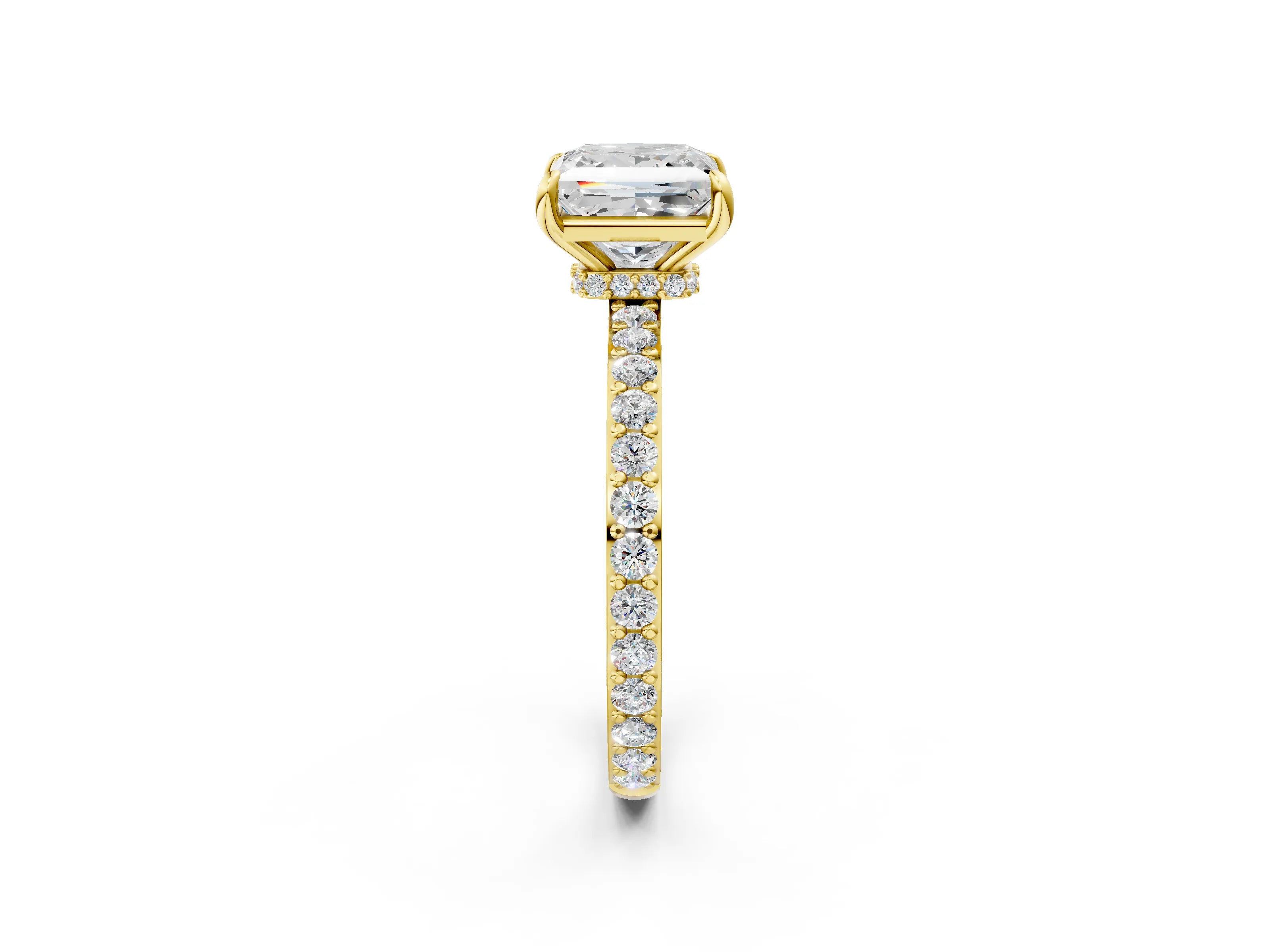 Yellow gold Princess Cut Diamond Pavé Engagement Ring with Round with Moissanite side stone Accents and Prong Setting_2