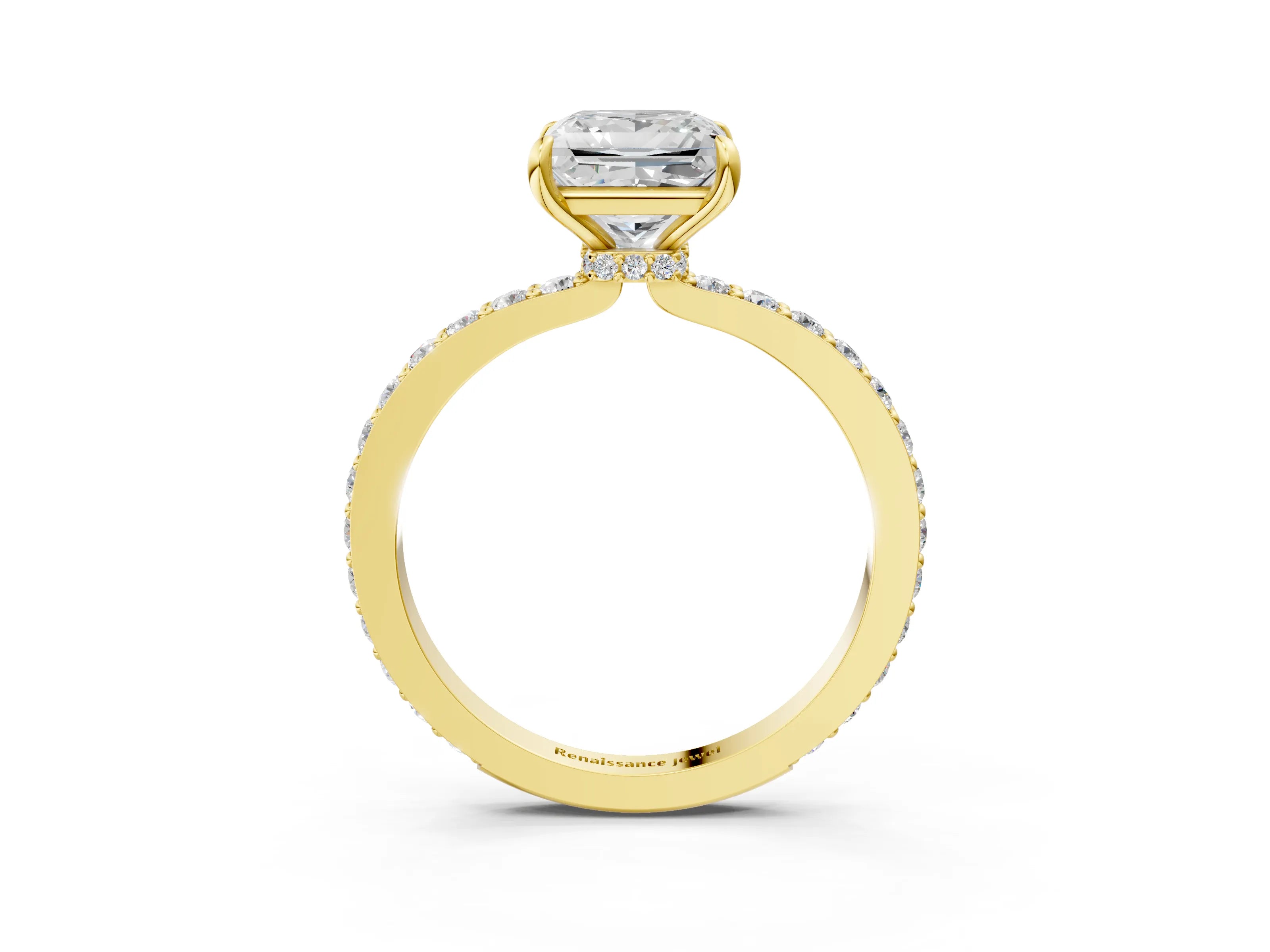 Yellow gold Princess Cut Diamond Pavé Engagement Ring with Round with Moissanite side stone Accents and Prong Setting_3