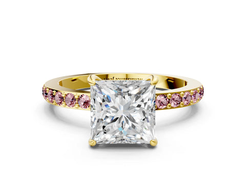 Yellow gold Princess Cut Diamond Pavé Engagement Ring with Round with Morganite side stone Accents and Prong Setting