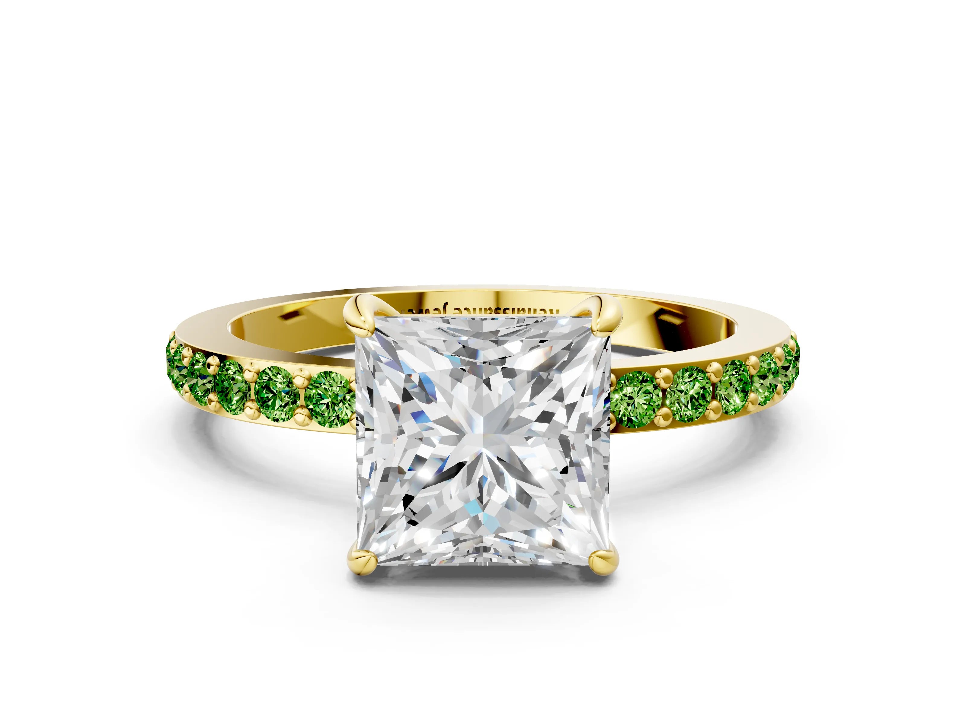 Yellow gold Princess Cut Diamond Pavé Engagement Ring with Round with Peridot side stone Accents and Prong Setting