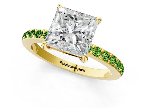 Yellow gold Princess Cut Diamond Pavé Engagement Ring with Round with Peridot side stone Accents and Prong Setting_1