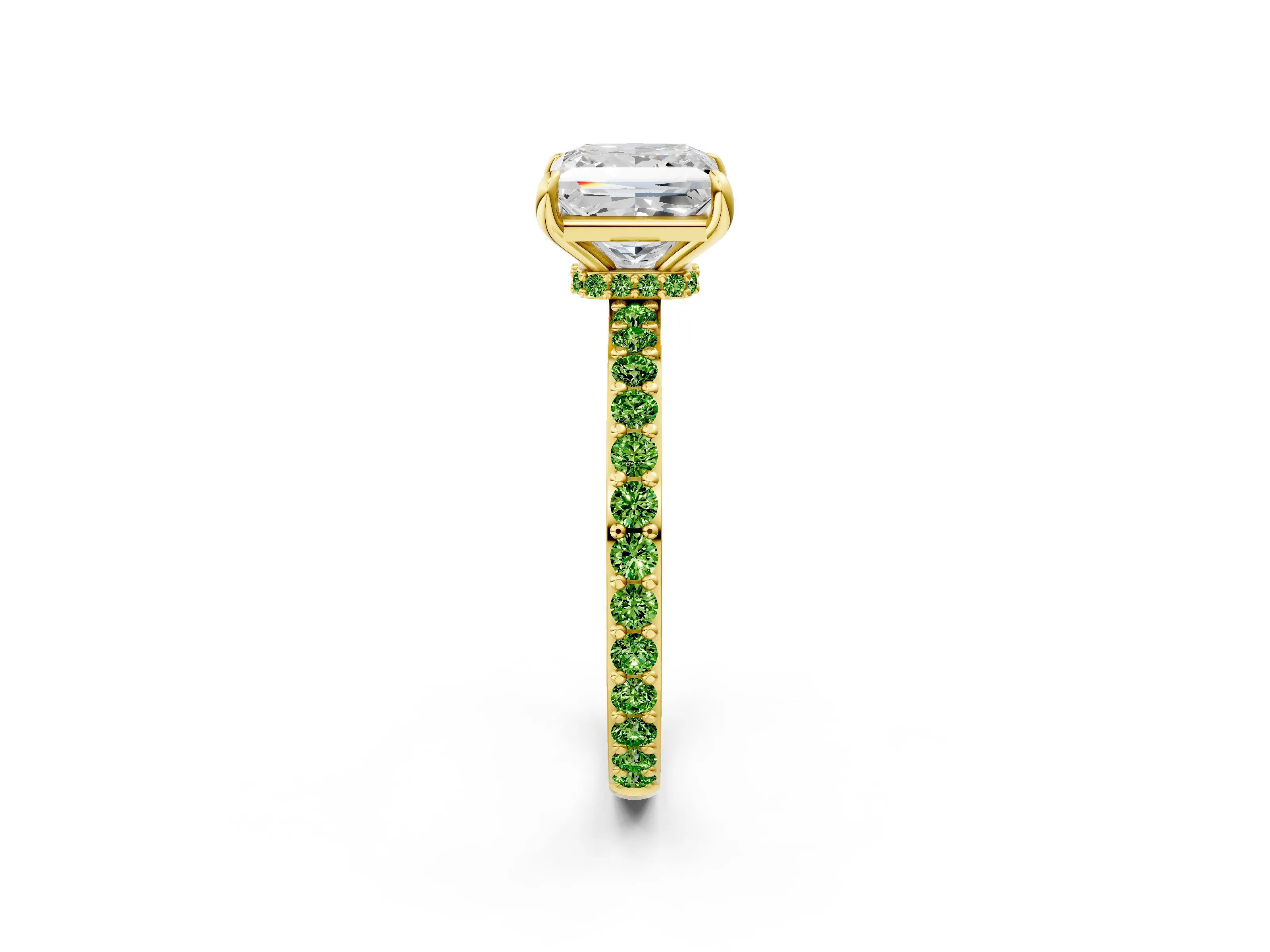 Yellow gold Princess Cut Diamond Pavé Engagement Ring with Round with Peridot side stone Accents and Prong Setting_2