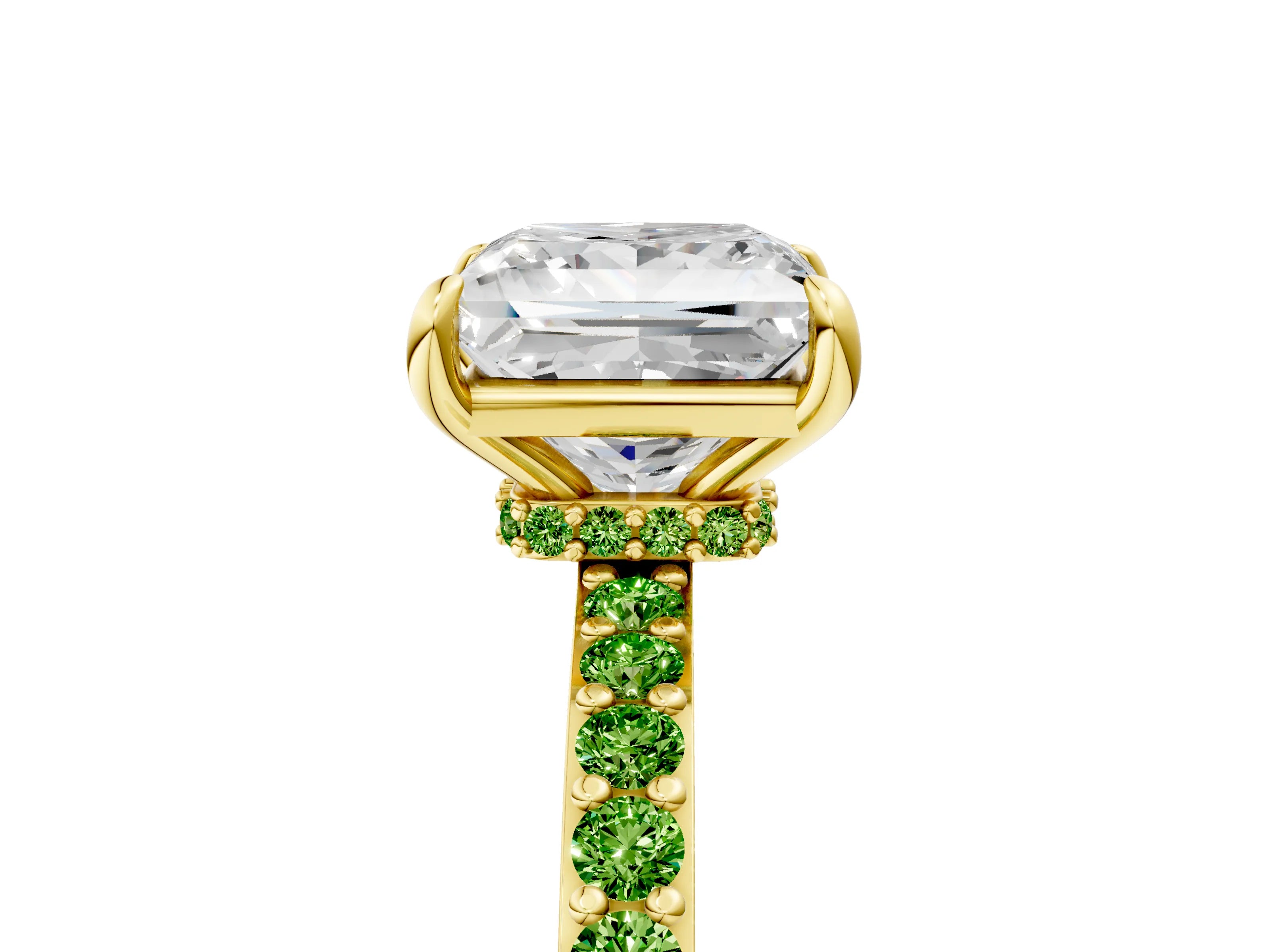 Yellow gold Princess Cut Diamond Pavé Engagement Ring with Round with Peridot side stone Accents and Prong Setting_5