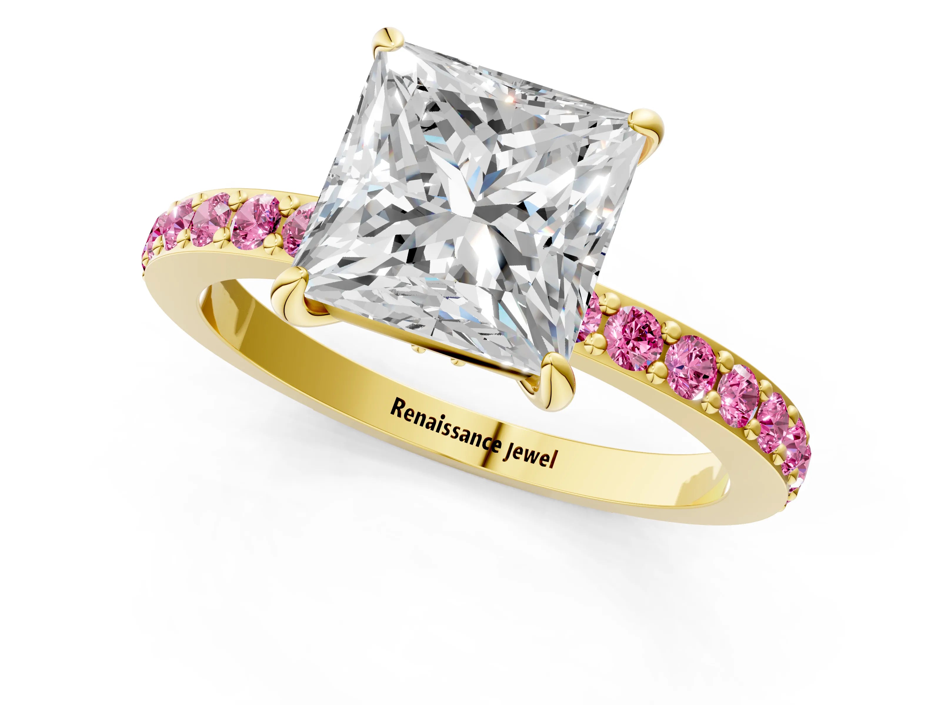 Yellow gold Princess Cut Diamond Pavé Engagement Ring with Round with Pink Sapphire side stone Accents and Prong Setting_1