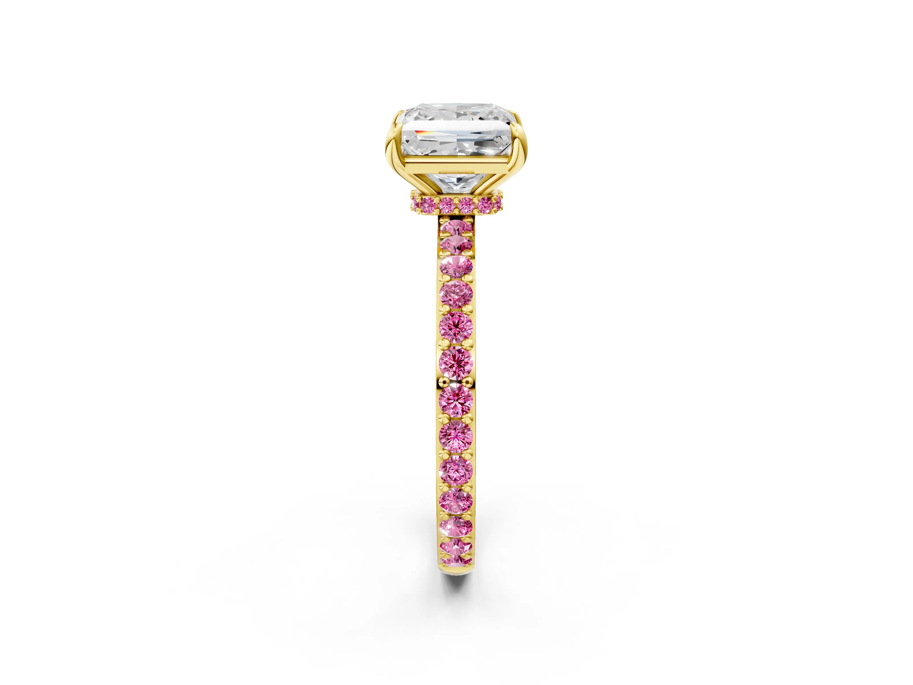 Yellow gold Princess Cut Diamond Pavé Engagement Ring with Round with Pink Sapphire side stone Accents and Prong Setting_2