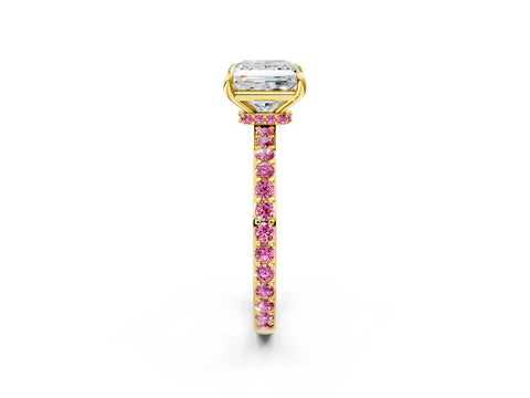 Yellow gold Princess Cut Diamond Pavé Engagement Ring with Round with Pink Sapphire side stone Accents and Prong Setting_2