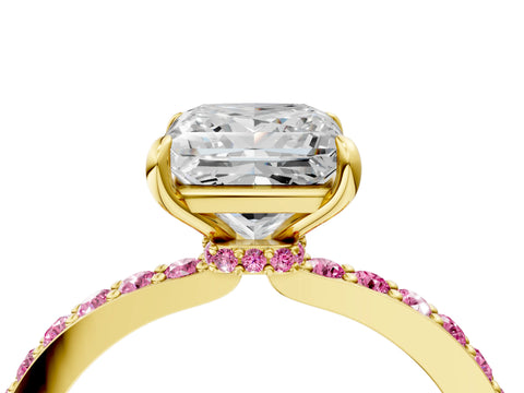 Yellow gold Princess Cut Diamond Pavé Engagement Ring with Round with Pink Sapphire side stone Accents and Prong Setting_4