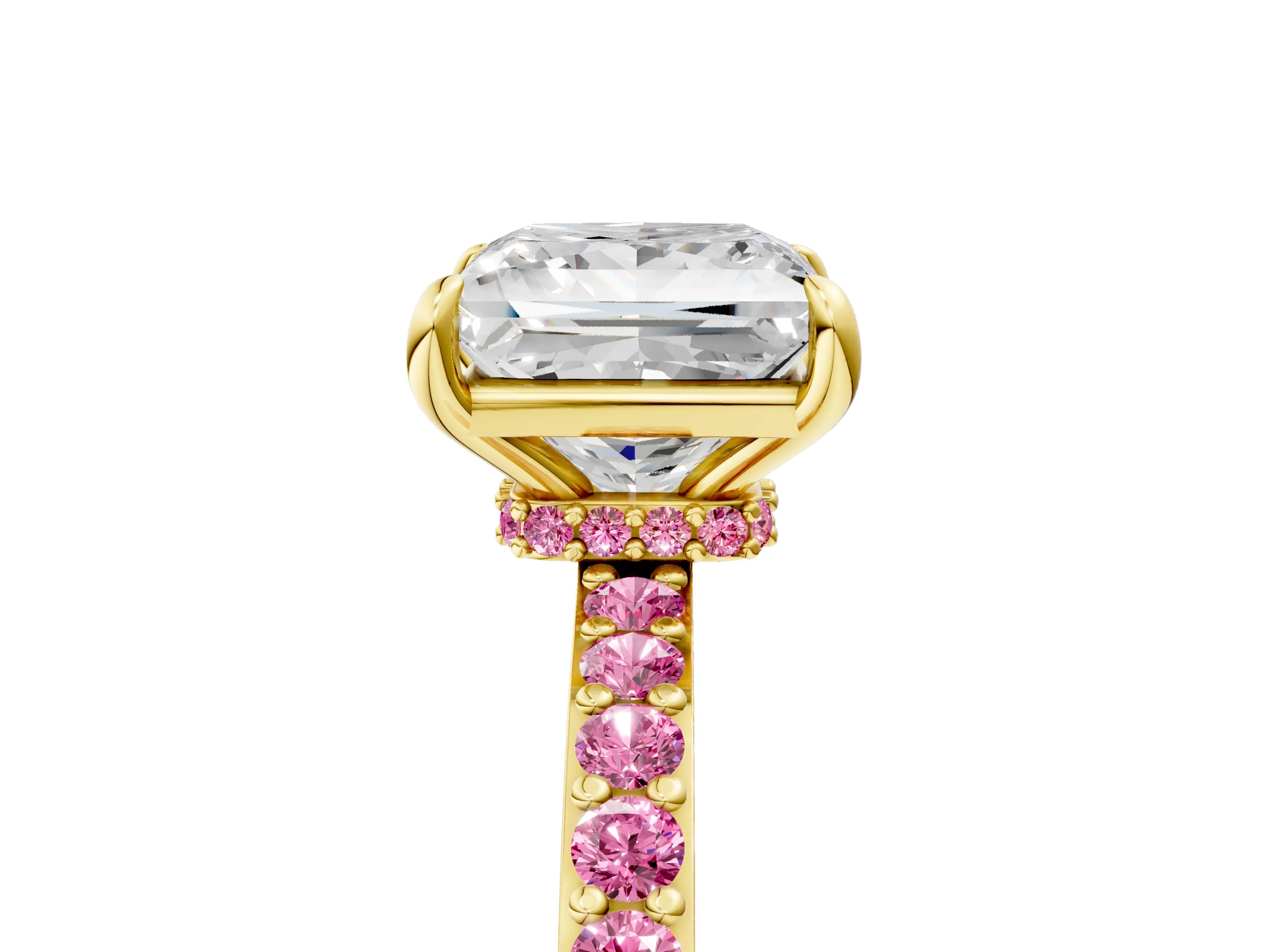 Yellow gold Princess Cut Diamond Pavé Engagement Ring with Round with Pink Sapphire side stone Accents and Prong Setting_5