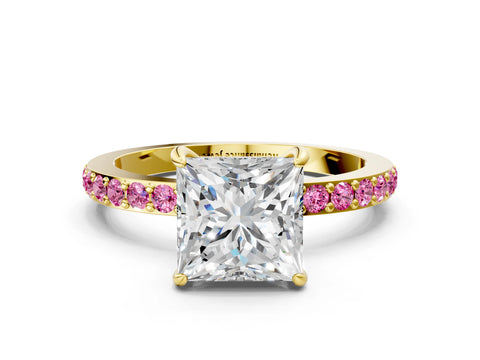 Yellow gold Princess Cut Diamond Pavé Engagement Ring with Round with Pink Sapphire side stone Accents and Prong Setting